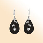 Sterling silver black shell teardrop earrings with floral vine accent for women